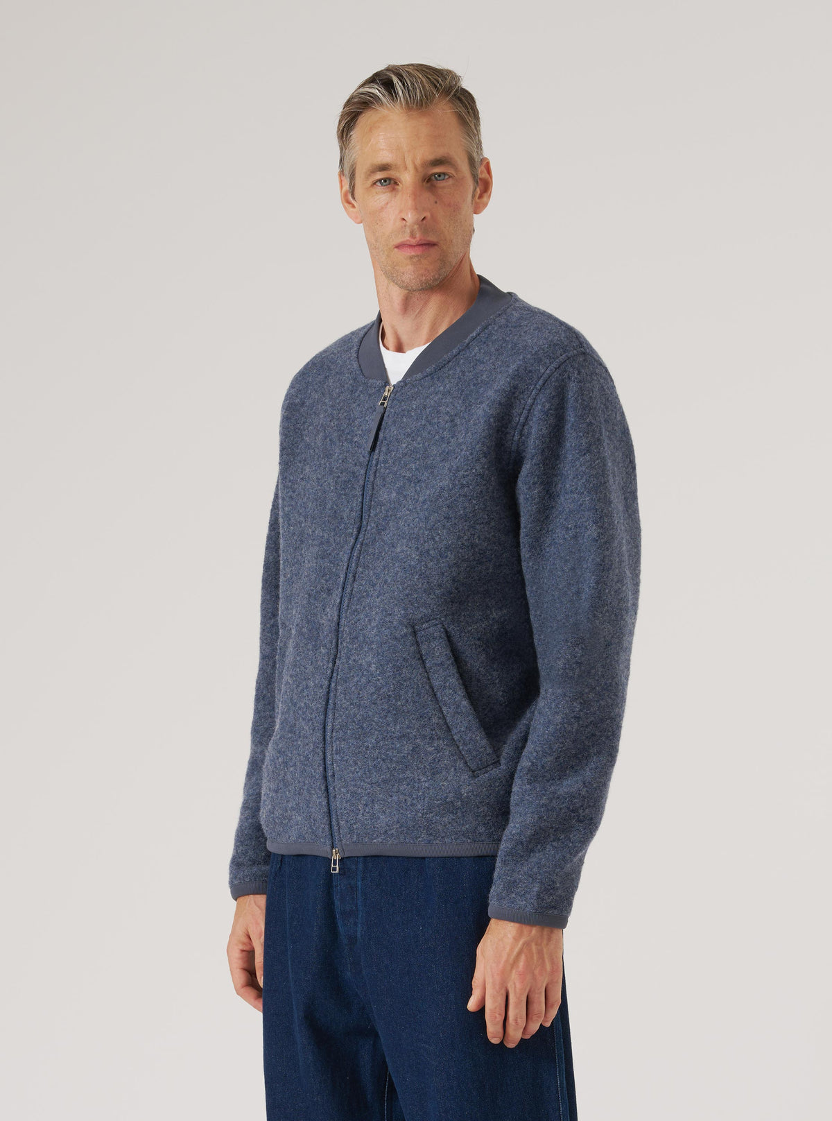 Slate Blue Wool Fleece Zip Bomber