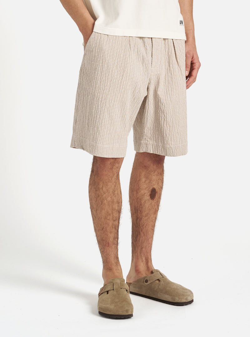 Ecru/Sand Ospina Check Cotton Pleated Track Short