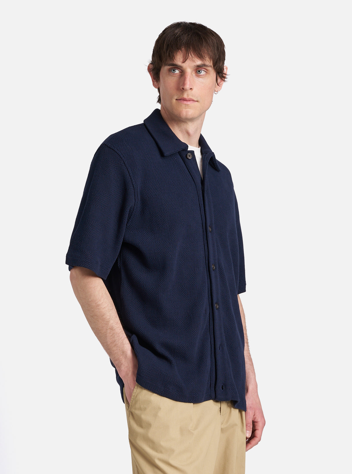 Bright Navy Fantasy Checkerboard Button Through Polo