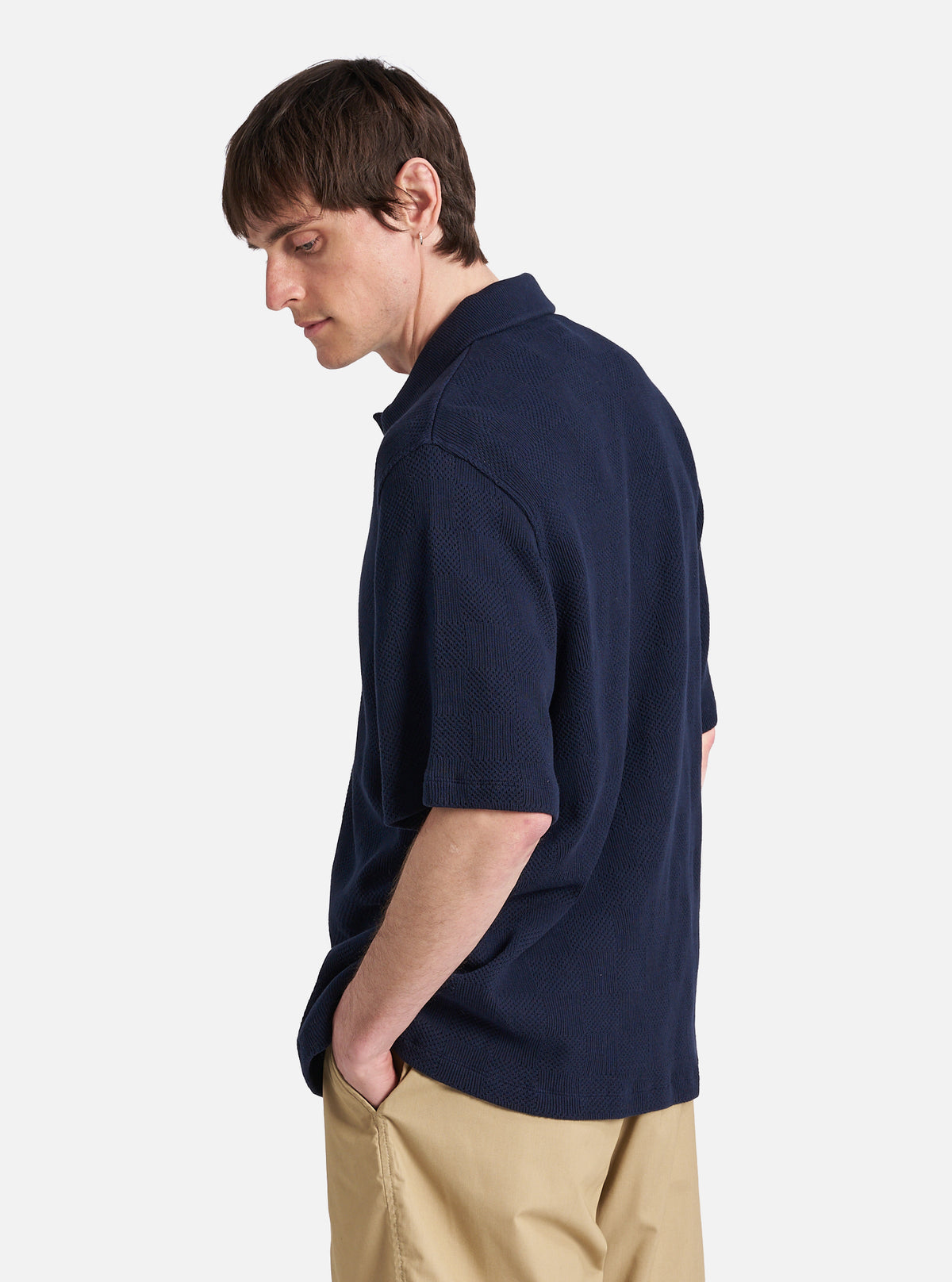 Bright Navy Fantasy Checkerboard Button Through Polo