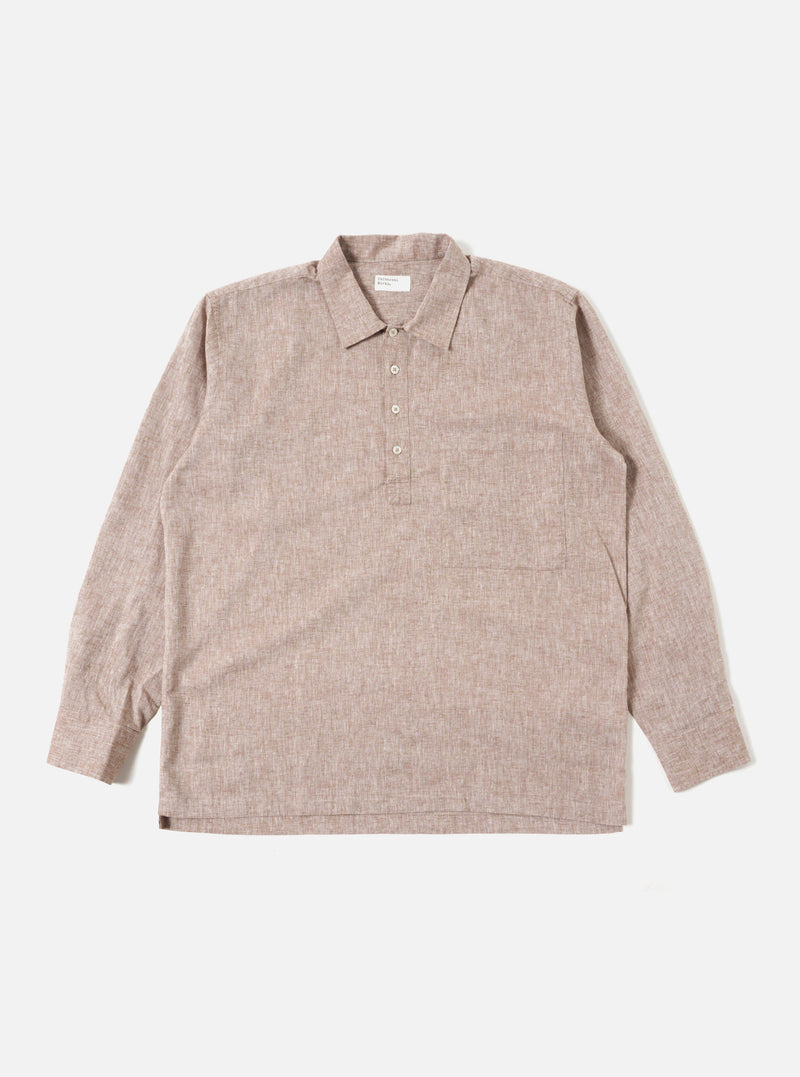 Brown Slub Linen Mix Pullover LS Shirt