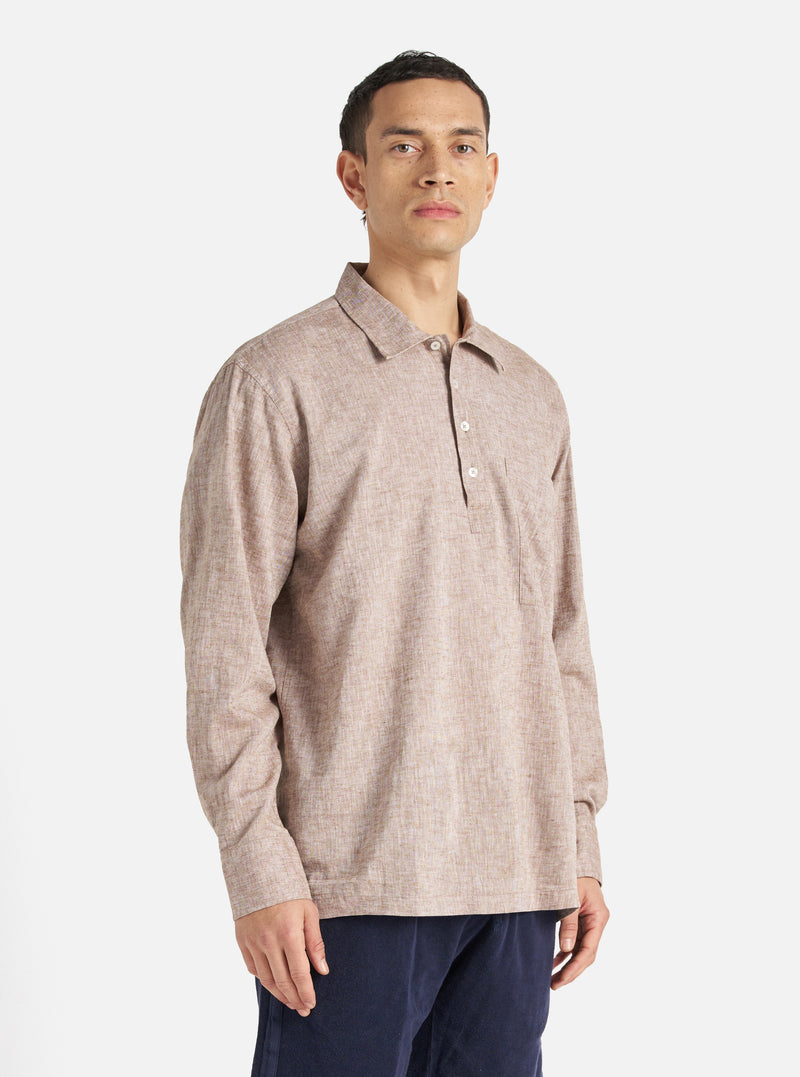 Brown Slub Linen Mix Pullover LS Shirt