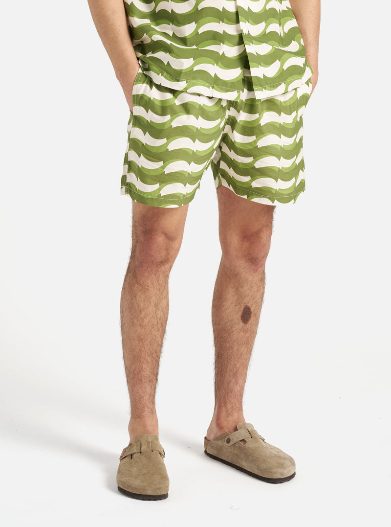Green Geo Wave Print Cotton Action Short