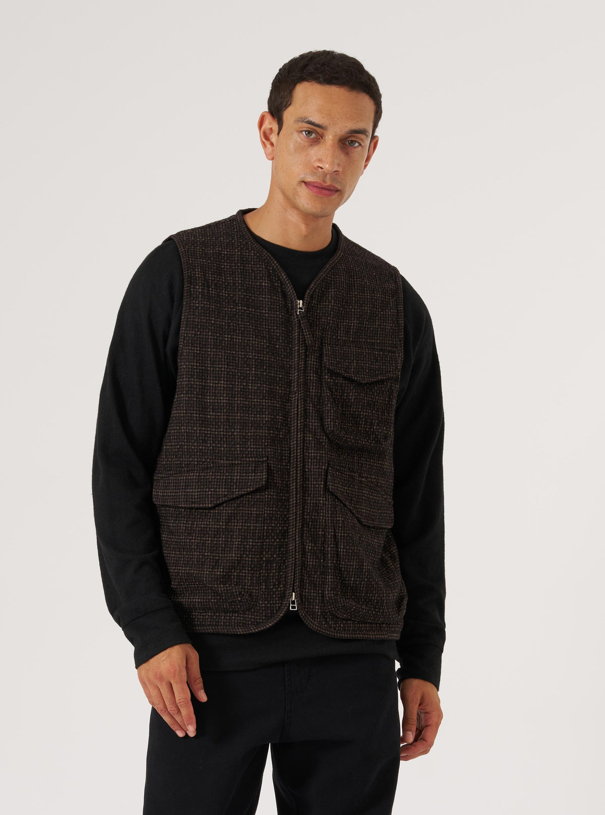 Brown Cedar Check Parachute Liner Gilet