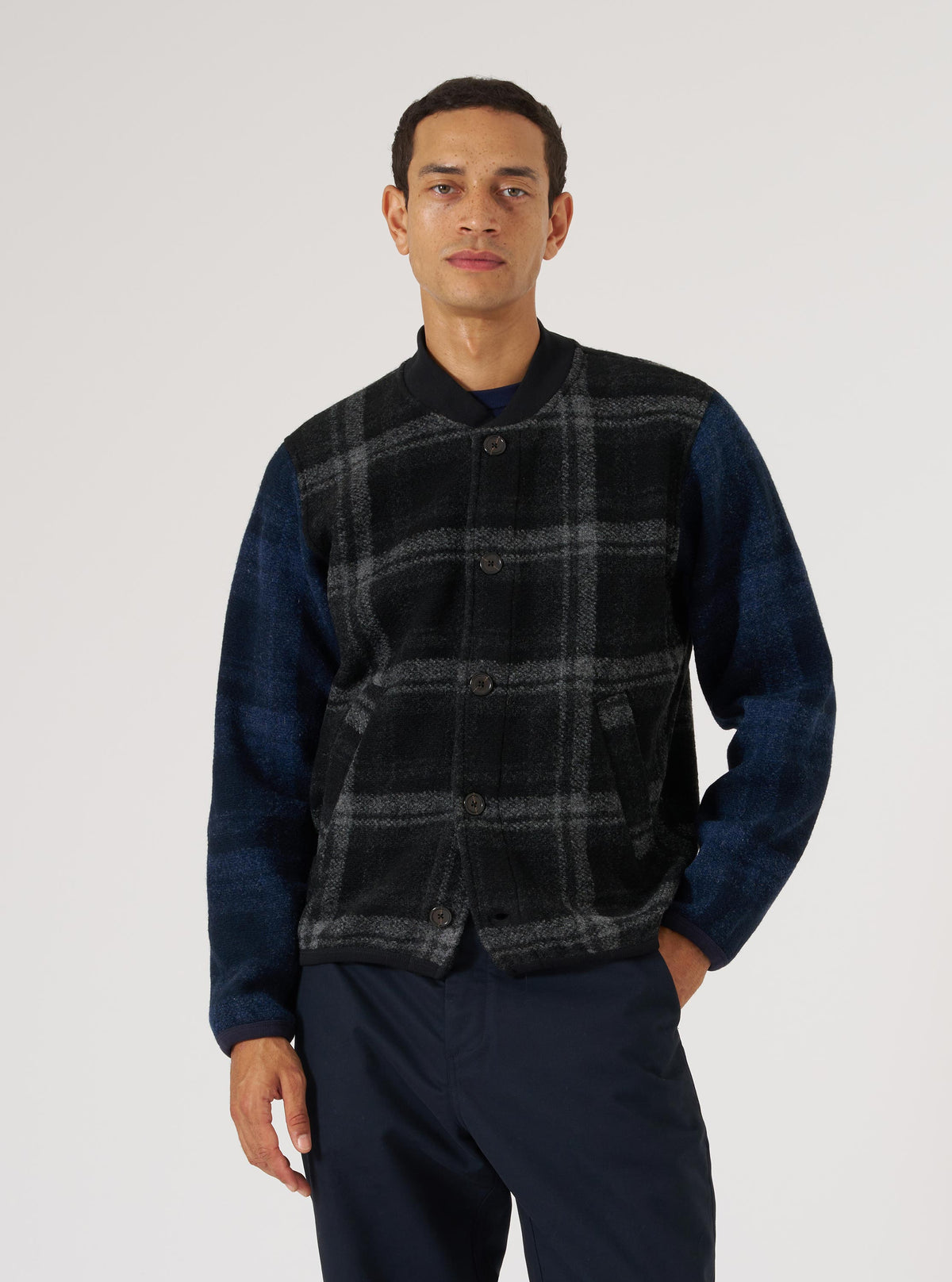 Grey Moh Check Fleece Button Front Bomber