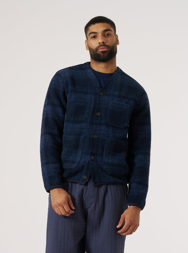 Navy Moh Check Fleece Cardigan