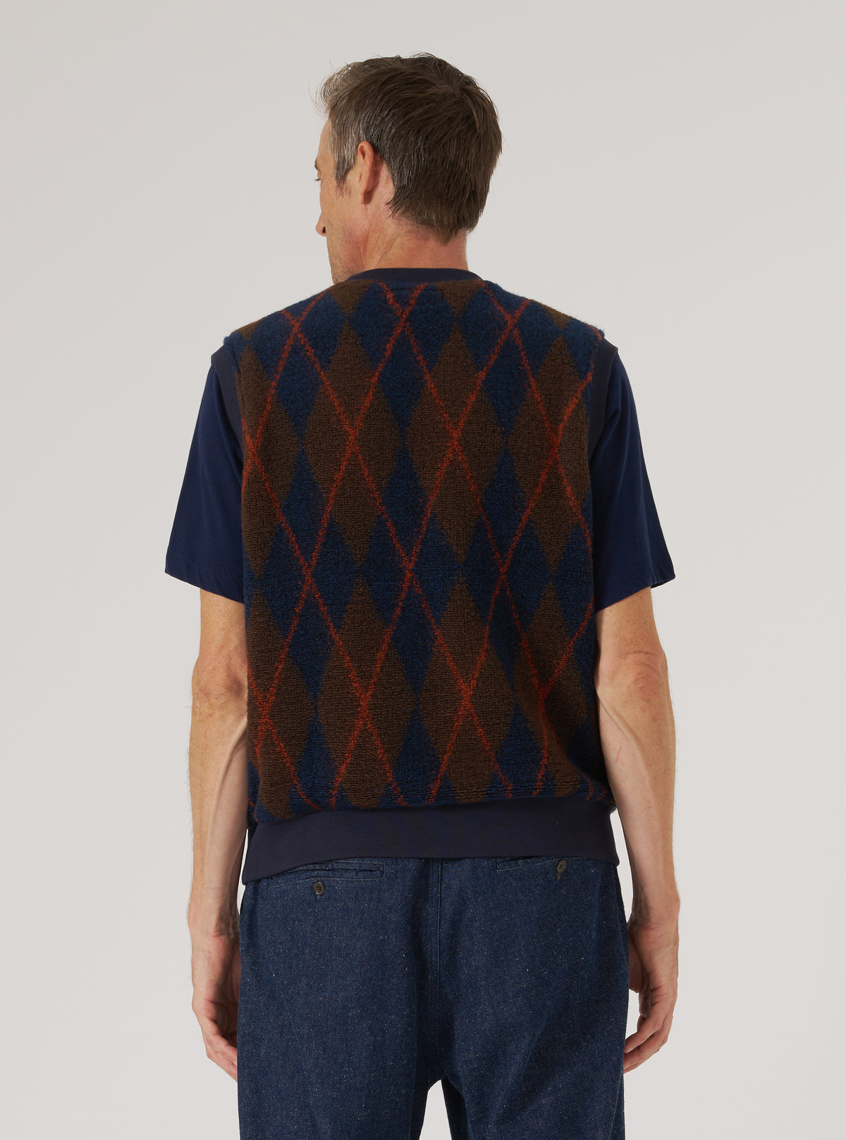 Brown/Navy Argyll Fleece Sleeveless Crew