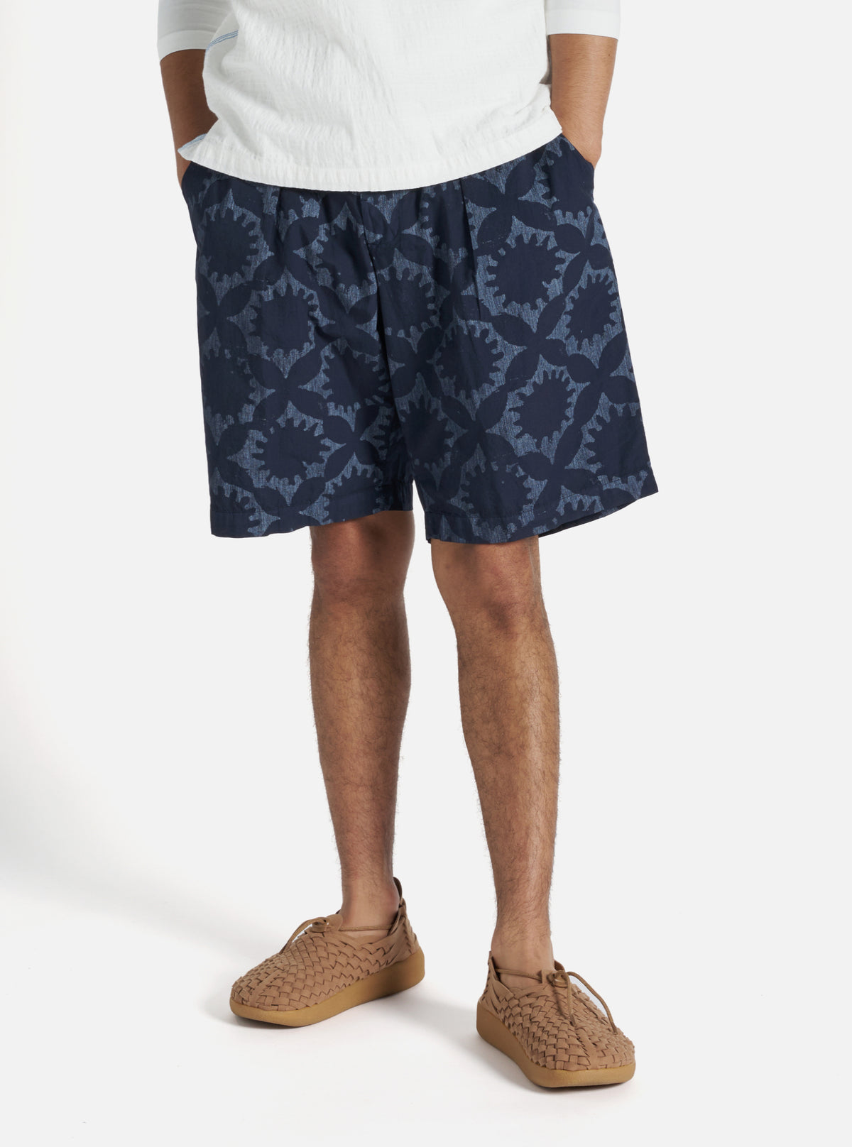 Navy Over Dyed Sun Print Pleated Track Short