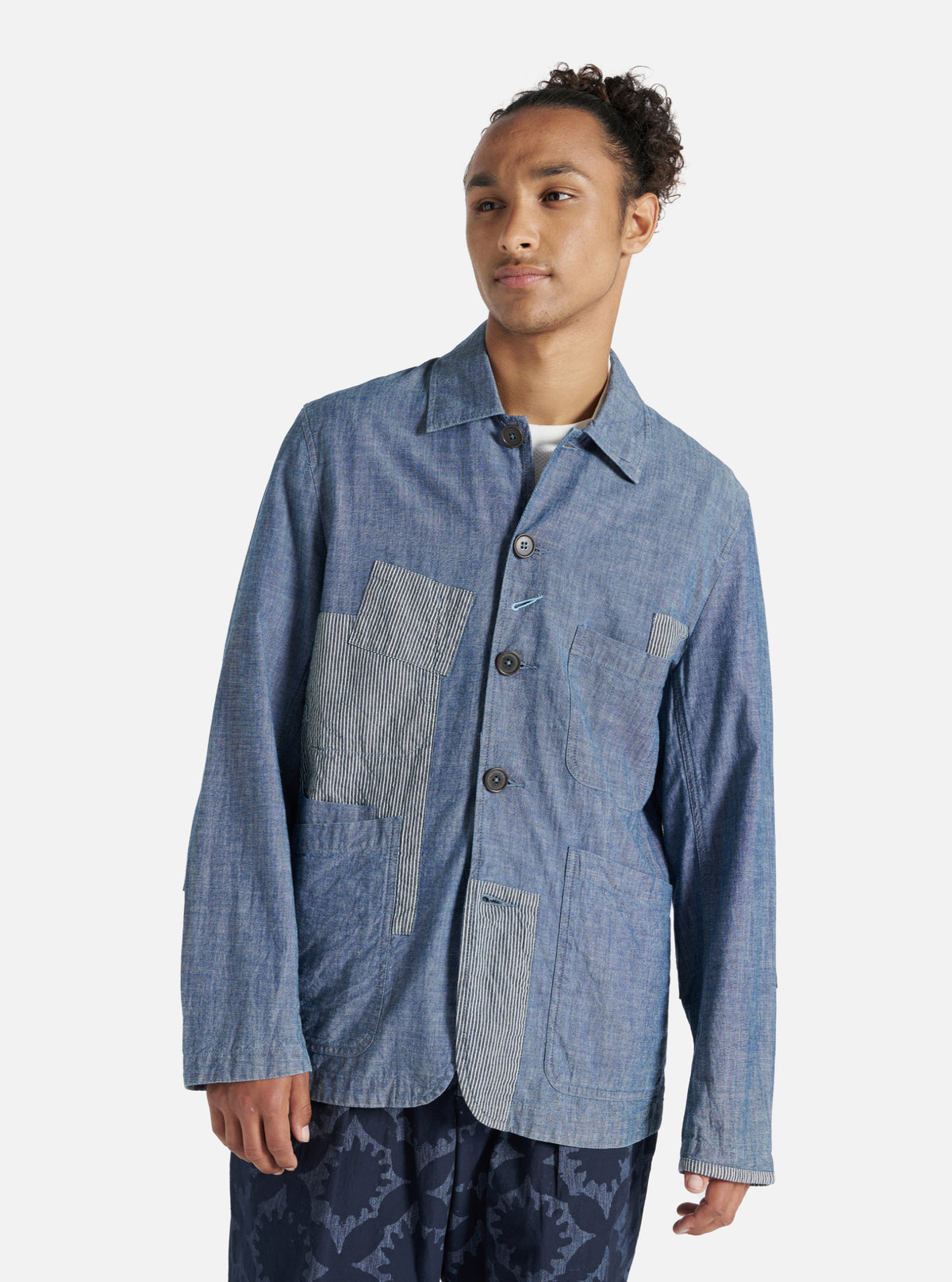 Indigo Chambray/Hickory Stripe Denim Patched Bakers Jacket