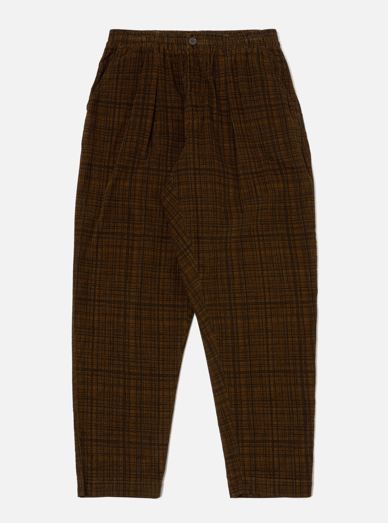 Brown Check Cord Seersucker Pleated Track Pant