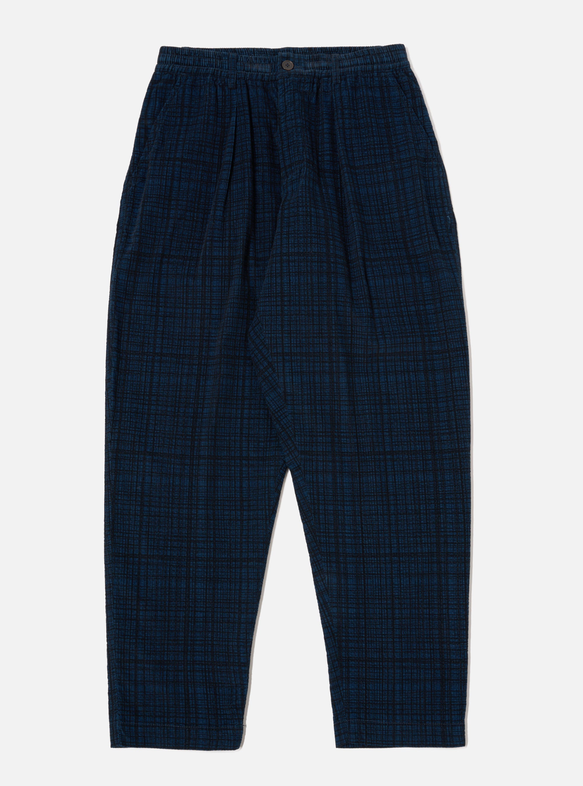 Navy Check Cord Seersucker Pleated Track Pant