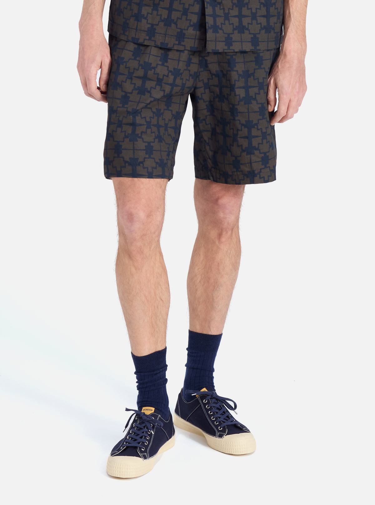 Navy Mitla Print Cotton Simple Short