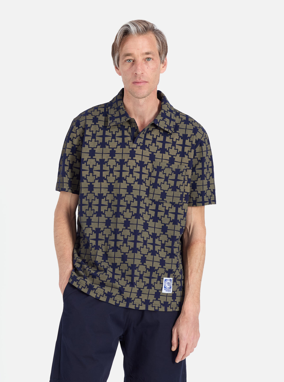 Navy/Mud Mitla Print Jersey Newlyn Polo