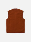 The back of a Rust Wool Fleece Zip Waistcoat in rust color, laid flat on a white background. The vest has a zip front and a fleece texture.