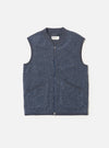 The slate blue wool fleece zip waistcoat is laid flat on a white background. The sleeveless jacket has a full zip and two pockets.