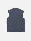The Slate Blue Wool Fleece Zip Waistcoat, a sleeveless fleece vest, is laid flat on a white background. The back of the waistcoat is visible, showing the wool texture.