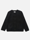 The Black Wool Fleece Cardigan is laid flat on a white background. The cardigan has a button-up front and four pockets.