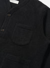 Close-up of the Black Wool Fleece Cardigan, showcasing its soft texture, button closure, and pocket detail. The image is set against a clean, neutral background.