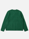 The back of a Green Wool Fleece Cardigan, laid flat on a white background. The cardigan has long sleeves and a crew neck.