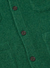 Close-up of a Green Wool Fleece Cardigan. The soft, textured wool is a rich green, with dark brown buttons. The image is tightly cropped, highlighting the fabric and button details.
