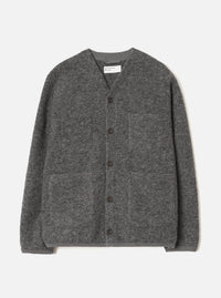 Grey marl wool fleece cardigan laid flat on a light grey seamless backdrop. Collarless V-neckline with a Universal Works woven label at the back neck. Five dark horn buttons down the centre front. Four patch pockets: two chest, two hip. Relaxed fit with long sleeves and a straight hem.