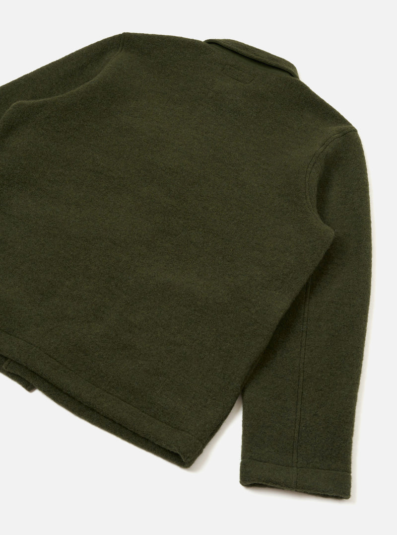 Rear view of the Olive Wool Fleece Field Jacket displayed on a white background. Demonstrates the clean back seam design, straight hemline, and muted olive green wool fleece fabric texture.