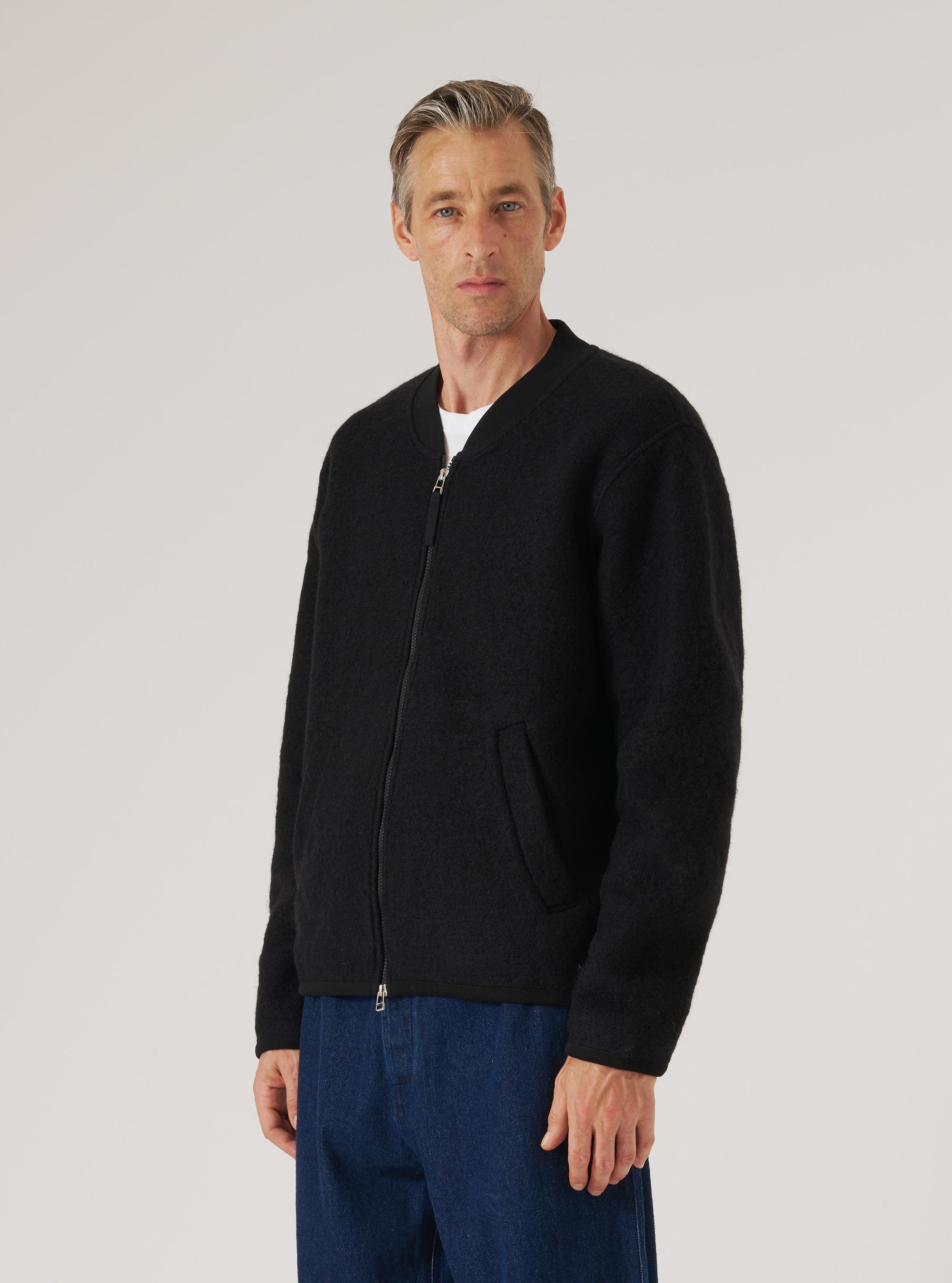 Black Wool Fleece Zip Bomber