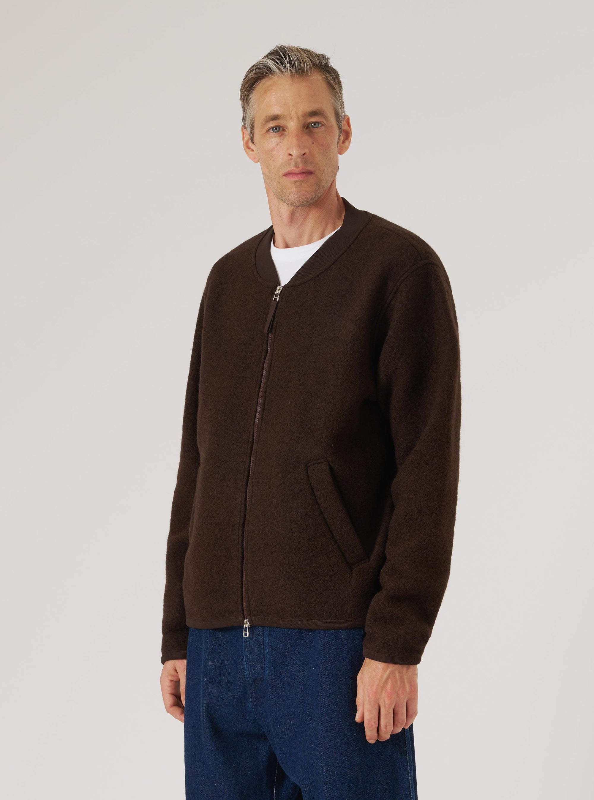 Brown Wool Fleece Zip Bomber