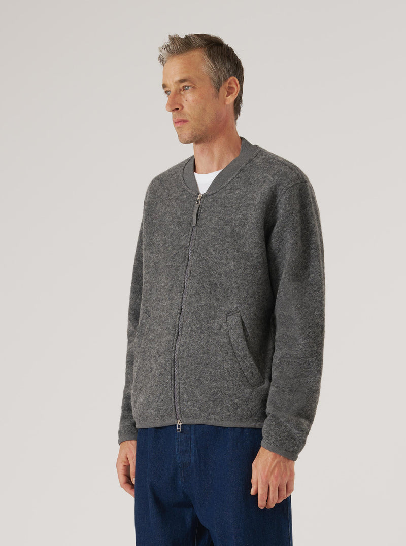 Grey Marl Wool Fleece Zip Bomber