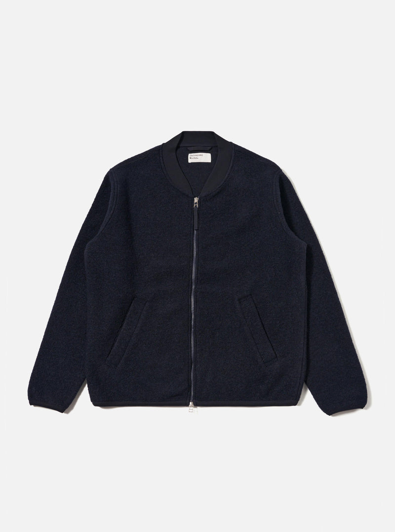 Navy Wool Fleece Zip Bomber