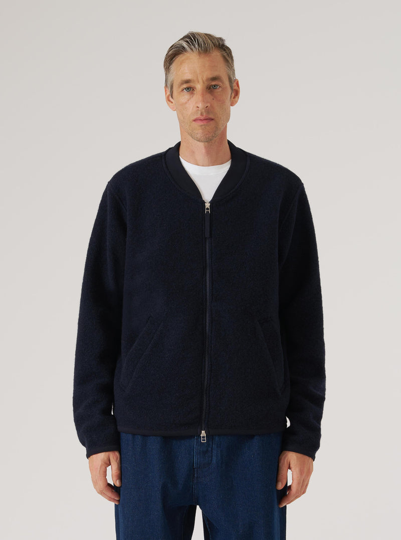 Navy Wool Fleece Zip Bomber