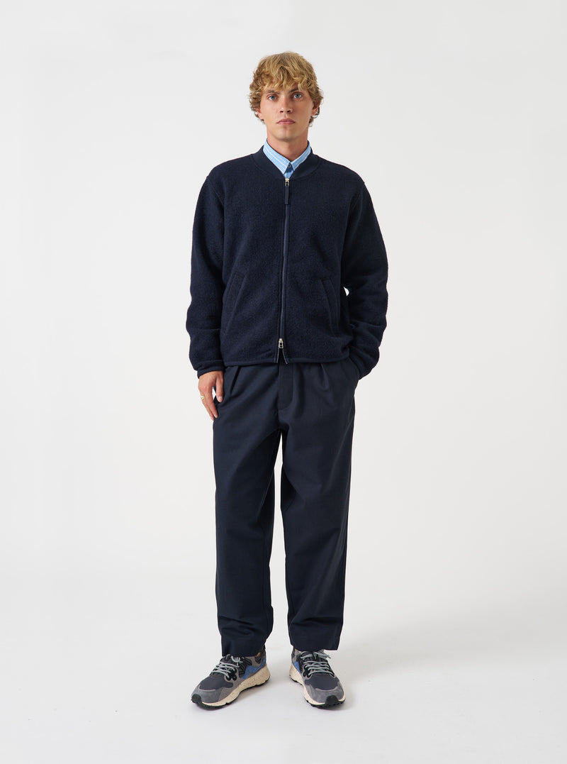 Navy Wool Fleece Zip Bomber