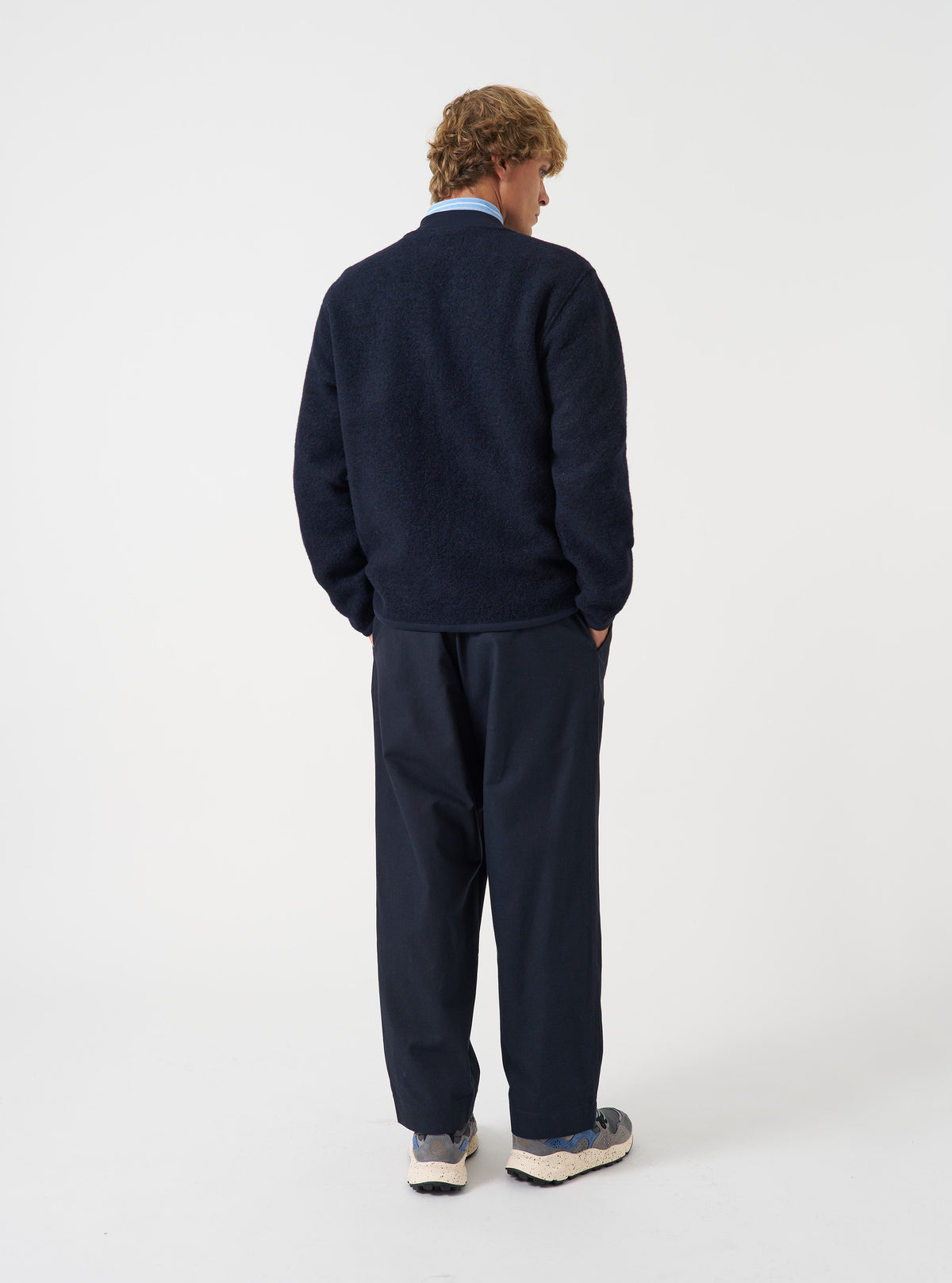 Navy Wool Fleece Zip Bomber Jacket