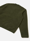 Olive wool fleece zip bomber laid flat on a white studio surface, shot from above at an angle. The image shows the upper back and right sleeve. The fabric has a dense, brushed fleece texture throughout. A smooth ribbed hem is visible at the base, with a plain ribbed cuff at the sleeve end.