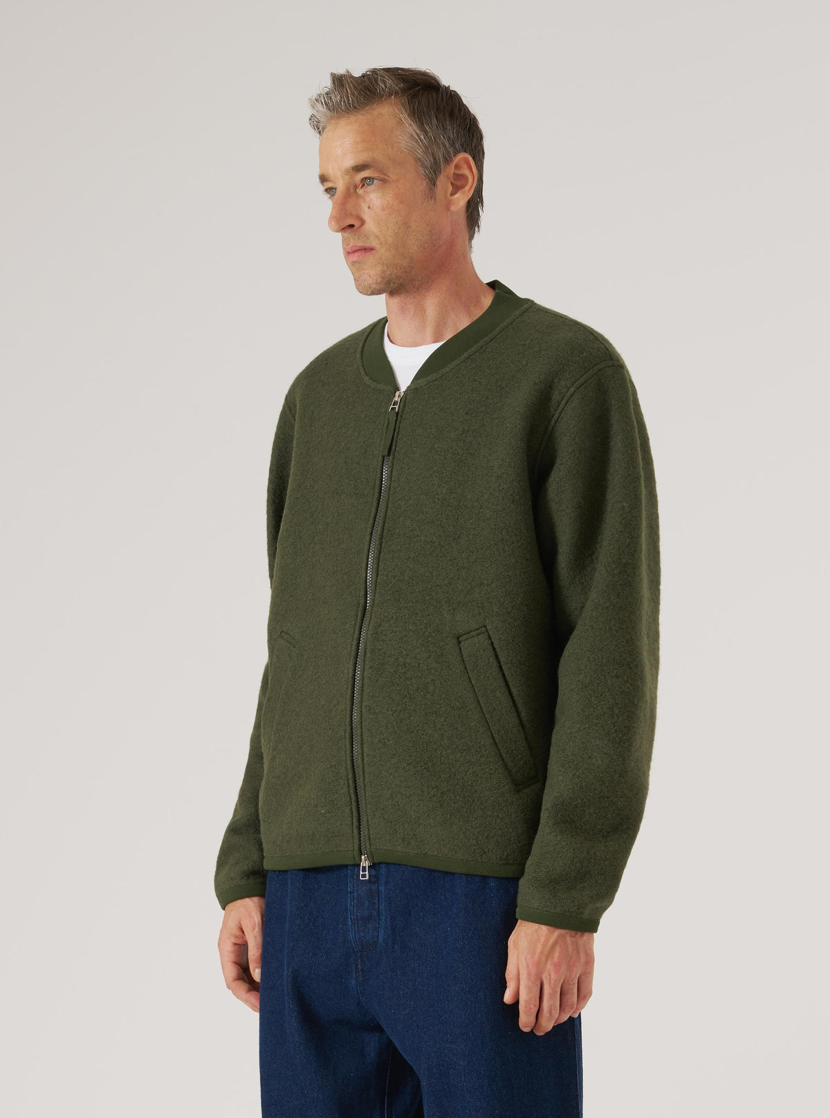 Olive Wool Fleece Zip Bomber