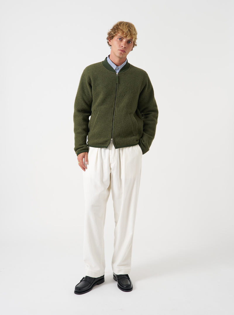 Olive Wool Fleece Zip Bomber