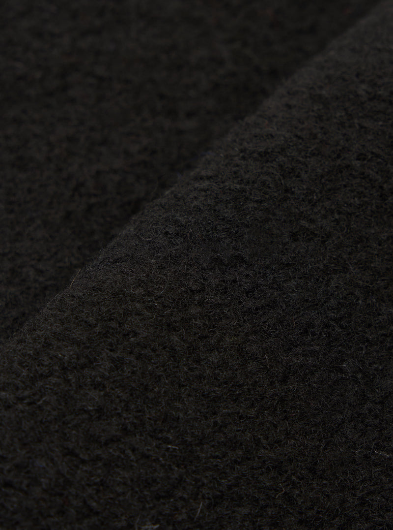 Extreme close-up fabric swatch image showcasing the texture of the Black Wool Fleece Zip Liner Jacket. The detailed shot highlights the deep black tone, soft fibers, and cozy tactile feel of the wool fleece material.