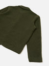 Flat lay of an olive wool fleece uniform jacket on a white studio backdrop. The shot is cropped to show the back and one full sleeve. The boiled wool fleece has a dense, slightly napped texture. A small collar tab is visible at the top. The sleeve has a clean, unfinished-style cuff with no buttons or ribbing.