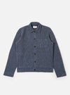 The slate blue wool fleece uniform jacket is laid flat on a white background. The jacket has a button-up front and chest pocket.