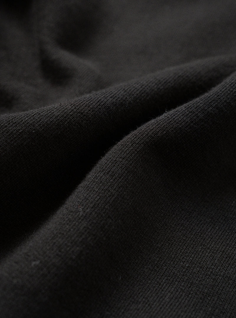 Close-up of black brushed-back sweatshirt fabric, showing a soft, dense knit texture with a smooth face and subtle sheen. The fabric is draped in loose folds, highlighting its weight and flexibility. No garment details or model are visible.