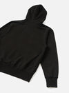 Black brush back hoodie laid flat on a white surface, shot from the back. The smooth jersey back panel, structured hood with a centre seam, one visible long sleeve, ribbed cuff and a wide ribbed hem band are all clearly visible.