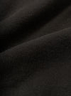 Close-up of black brushed-back sweatshirt fabric showing a fine knit jersey face with a soft, dense texture. The material is draped in loose folds, revealing its weight and handle. Shot against a dark background.