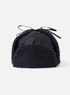 Close-up of the cableami® Black Military Nylon Twill Boa Aviator hat on a white background. The hat features black nylon and boa trim with tie strings.