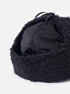 Close-up of the cableami® Black Military Nylon Twill Boa Aviator hat. The hat features black nylon and boa materials. Shot on a white background.