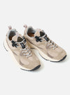 The Flower Mountain Dove Hairy Velour/Suede Wave Man shoes. Beige suede and velour sneakers with white laces, set on a white background.