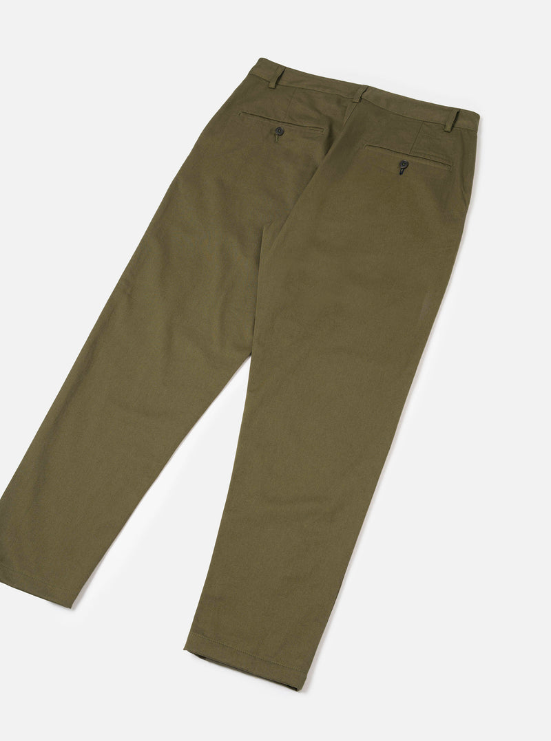 Back view of the Light Olive Twill Military Chino trousers against a plain white studio background. Shows the rear flap-button pockets, clean rear waistband design, and straight leg drape.
