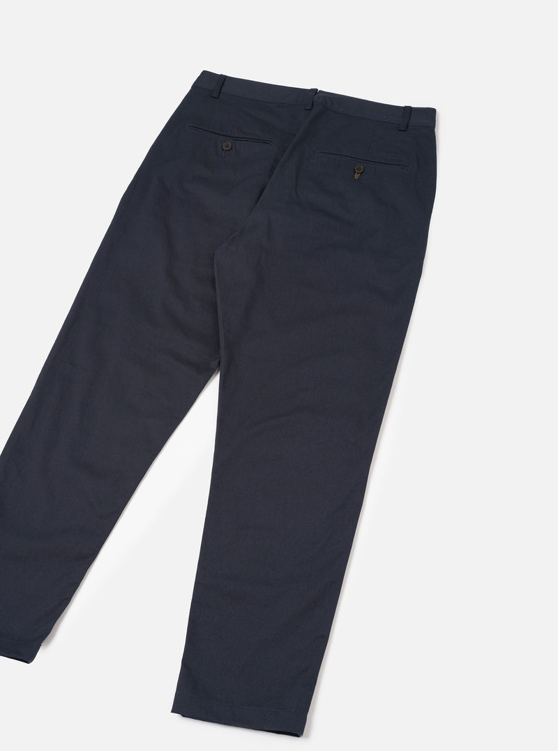 Rear view of the Navy Twill Military Chino displayed against a clean white background. Highlights include two rear jetted buttoned pockets, durable twin-needle stitching along the seat, and a subtle taper down to the leg opening.