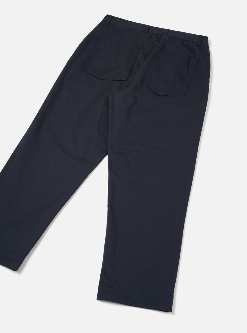 Back view of the Navy Twill Duke Pant laid out against a plain studio background. Showcases the clean rear paneling, dark navy twill weave finish, sturdy waistband construction, and two rear patch pockets.