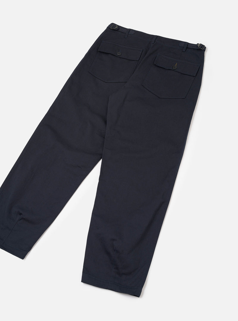 Back view of the Navy Twill Fatigue Pant displayed against a clean, plain white background. Shows the rear flap pockets, clean waistband stitching, straight leg line, and rich dark navy twill cotton material.