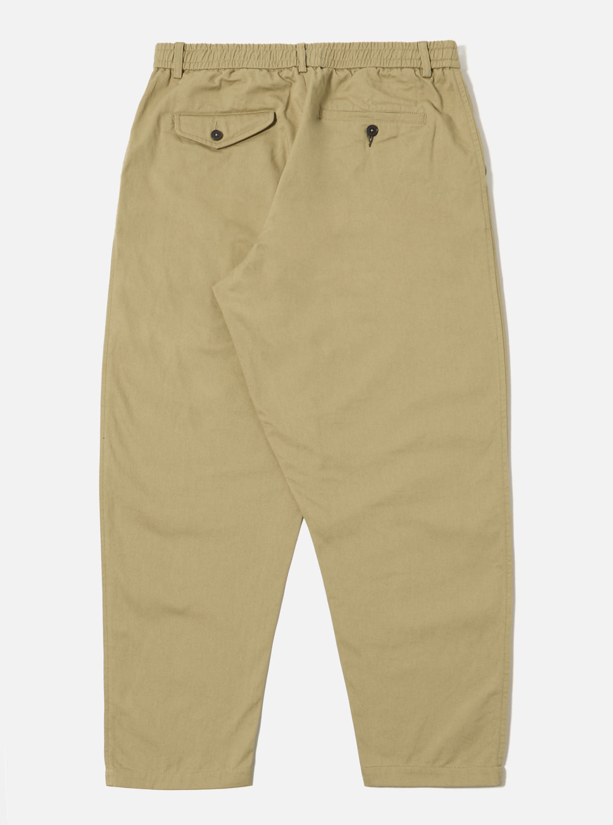 Back view of Sand Twill Pleated Track Pant on a white background. These relaxed-fit pants feature a pleated front and elastic waistband.